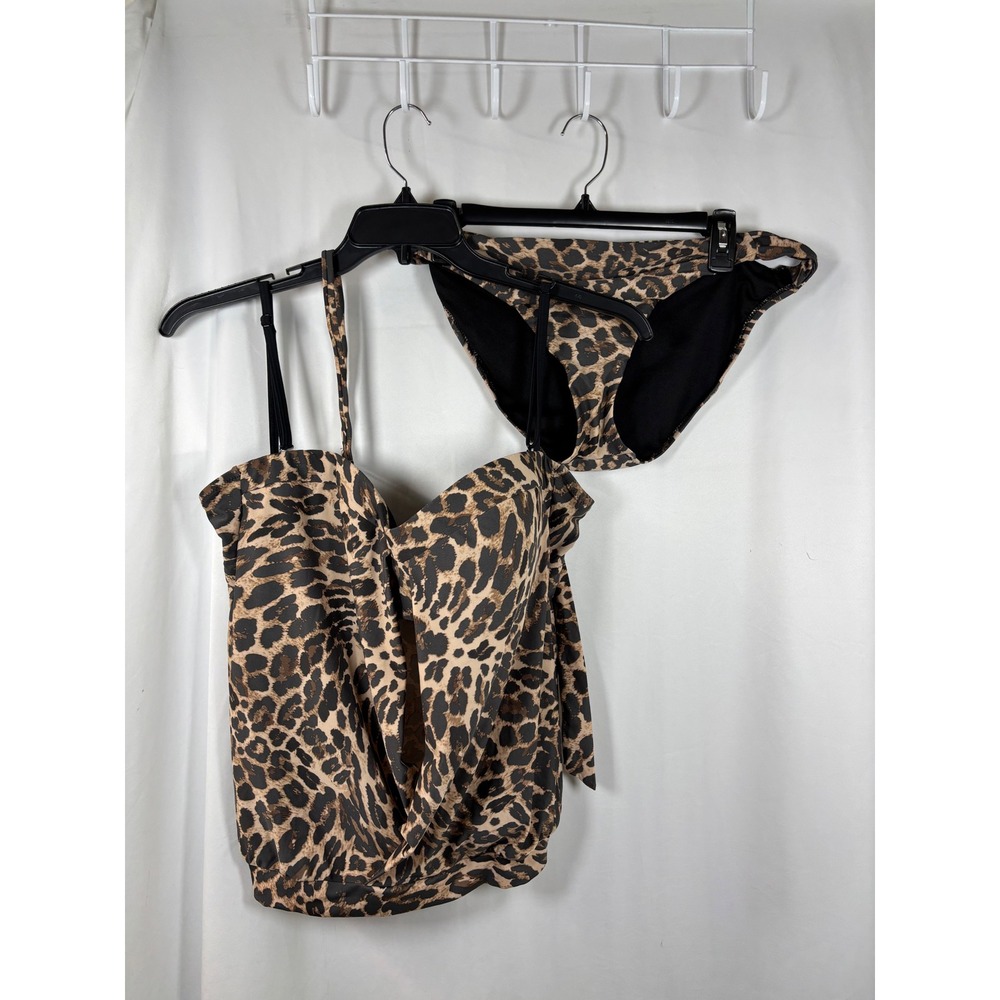 Bar III Womens XL Leopard Print Tankini Swim Set Draped Tie Back 2 Piece Brown